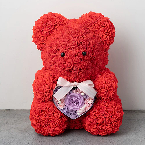 幸せを呼ぶローズテディベア抱っこハートアレンジメント